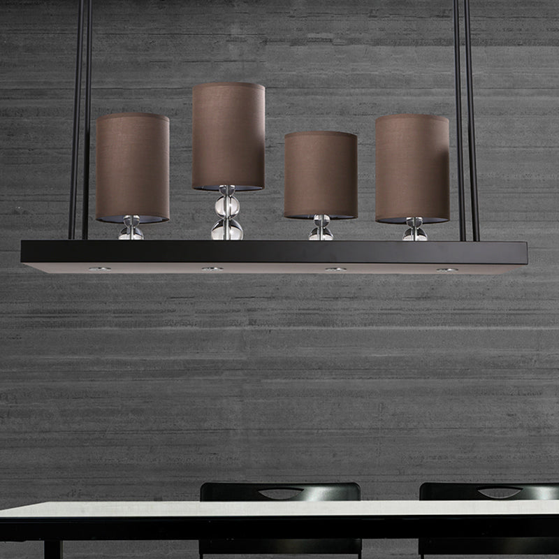 Traditional Black Cylinder Island Light Fixture: Fabric Pendant With Metal Linear Shelf - 4-Bulb