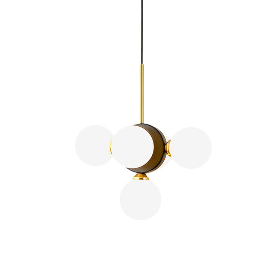 Mid Century White/Amber Glass Chandelier Pendant - Orbs Restaurant Ceiling Lamp 5 Lights Burst