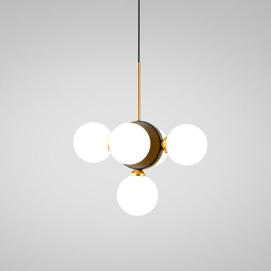 Mid Century White/Amber Glass Chandelier Pendant - Orbs Restaurant Ceiling Lamp 5 Lights Burst