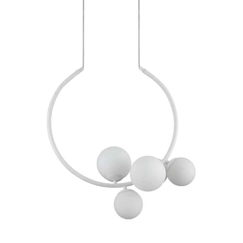 Modern Black & White Circle Chandelier Lamp With Milk Glass Shades - 5 Head Iron Pendant Lighting