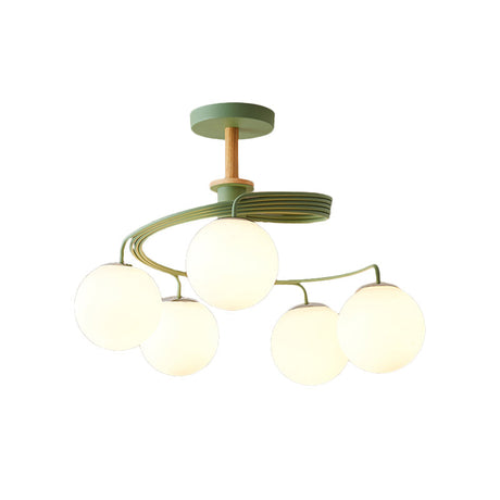 Nordic Iron Swirl Flush Chandelier: 5 Bulbs Grey/Green Ceiling Light With Orb Glass Shade And Wood