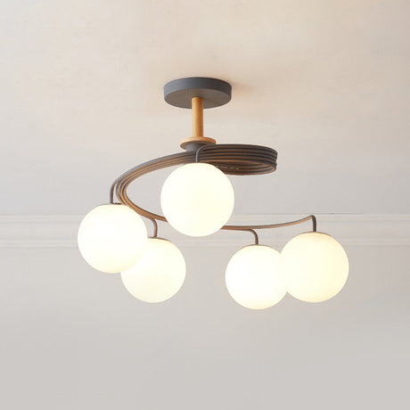 Nordic Iron Swirl Flush Chandelier: 5 Bulbs Grey/Green Ceiling Light With Orb Glass Shade And Wood