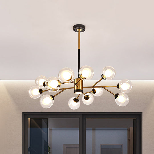 Stylish Postmodern Clear Glass Orb Chandelier - Branching Design 12 Bulbs Black-Gold Pendant Lamp