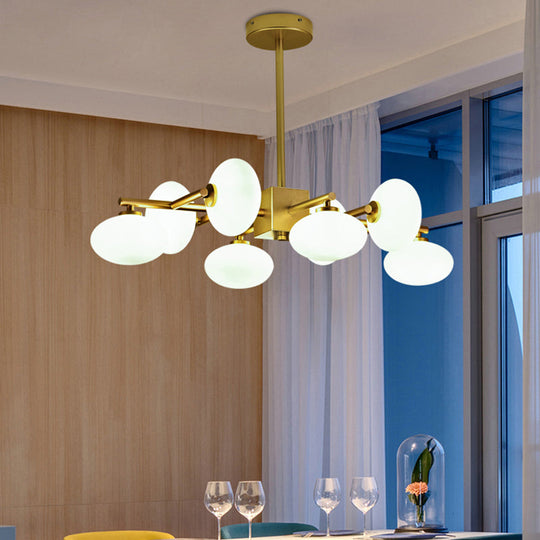 Gold Branched Dinette Chandelier: Light Cream Ovale Glass Suspension Lamp 8-Bulb Postmodernist