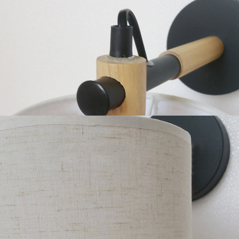 Modernist Fabric Cylindrical Sconce Wall Light With Wooden Joint - 1 Bedroom Fixture Black/White