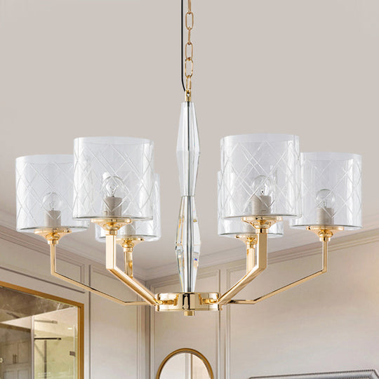 Mid Century Gold Lattice Glass Chandelier - 6 Lights, Pillar Style - Bedroom Pendant