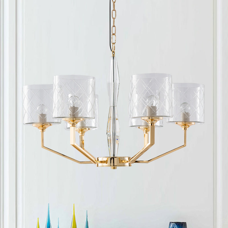 Mid Century Gold Lattice Glass Chandelier - 6 Lights, Pillar Style - Bedroom Pendant