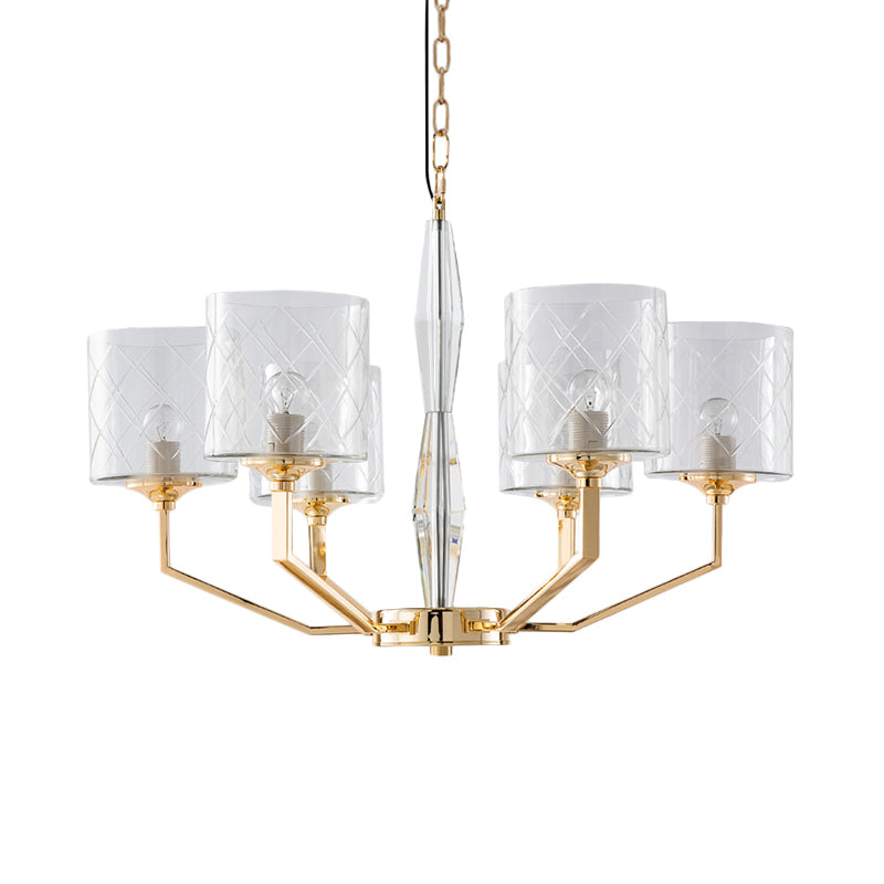 Mid Century Gold Lattice Glass Chandelier - 6 Lights, Pillar Style - Bedroom Pendant