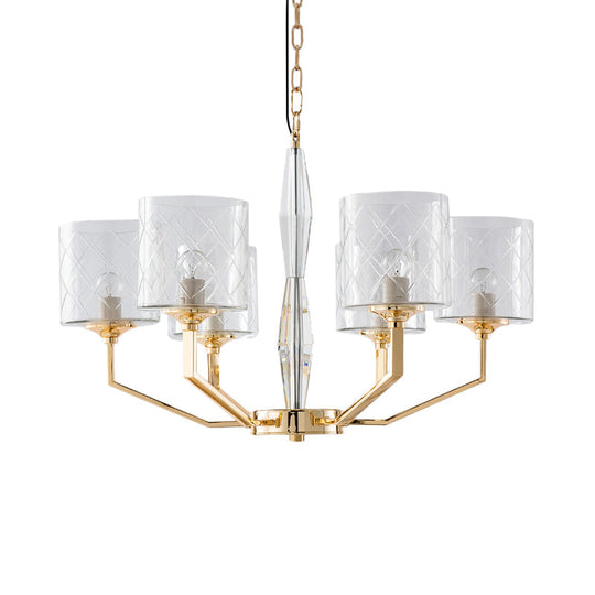 Mid Century Gold Lattice Glass Chandelier - 6 Lights, Pillar Style - Bedroom Pendant