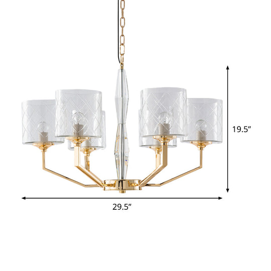 Mid Century Gold Lattice Glass Chandelier - 6 Lights, Pillar Style - Bedroom Pendant