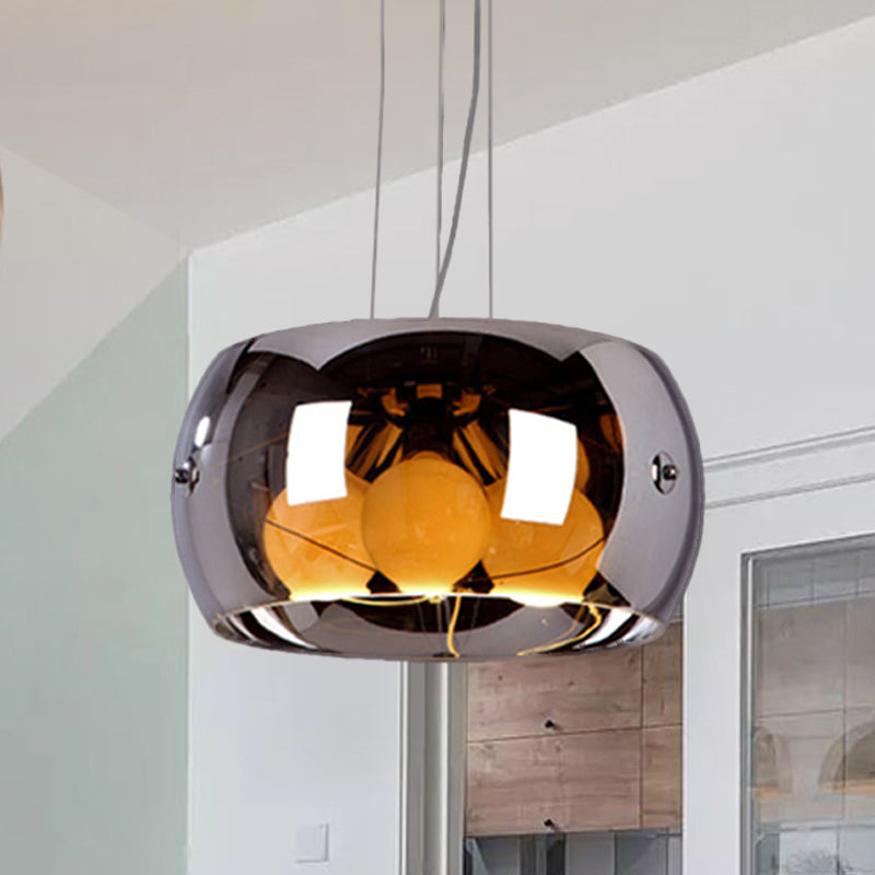 Contemporary Chrome Dining Room Chandelier with Drum Mirrored Glass Shade - 3 Bulb Hanging Light