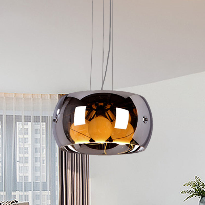 Contemporary Chrome Dining Room Chandelier with Drum Mirrored Glass Shade - 3 Bulb Hanging Light