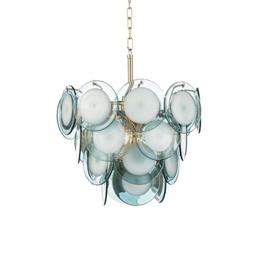 Mid Century 3-Tiered Blue Glass Chandelier - 7-Light Pendant Ceiling Light for Living Room