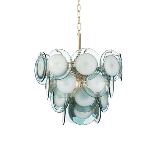 Flaked Blue Glass 3-Tier Chandelier With 7 Lights - Mid Century Pendant Ceiling Light For Living