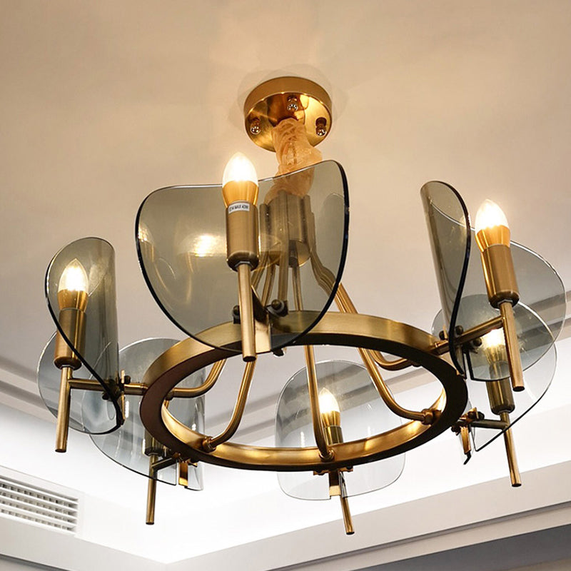 Mid-Century Curved Glass Chandelier Lamp - Open Bulb Design, Gold Hanging 6/8-Bulb Fixture