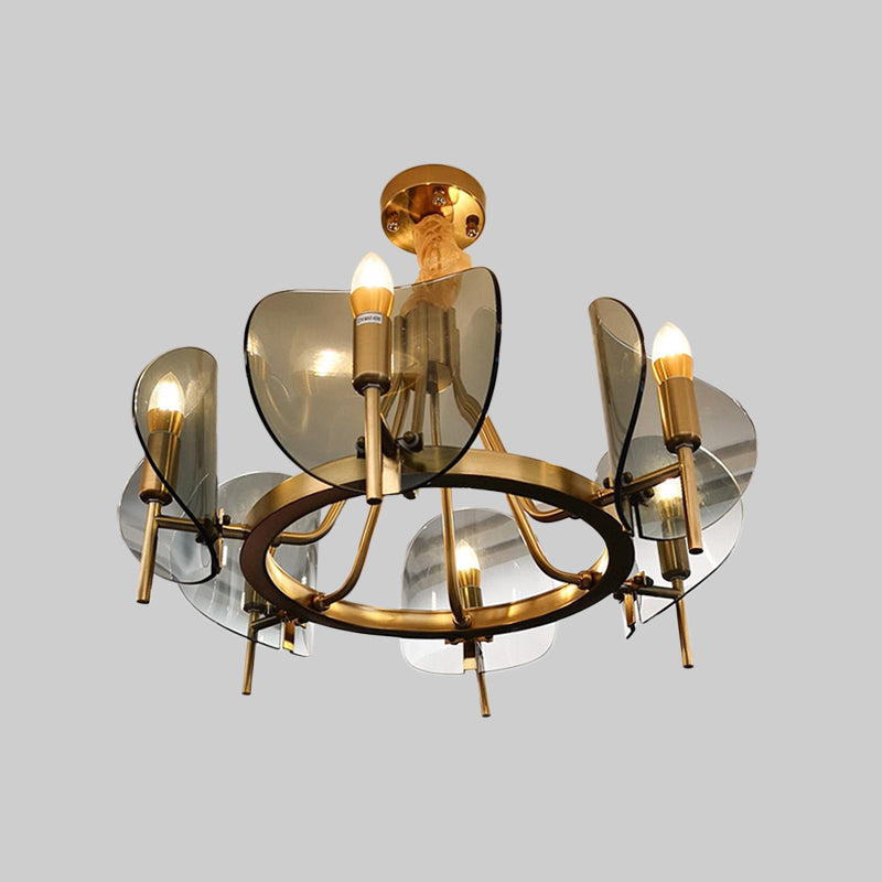 Mid-Century Curved Glass Chandelier Lamp - 6/8-Bulb Gold Hanging Light Fixture With Open Bulb Design