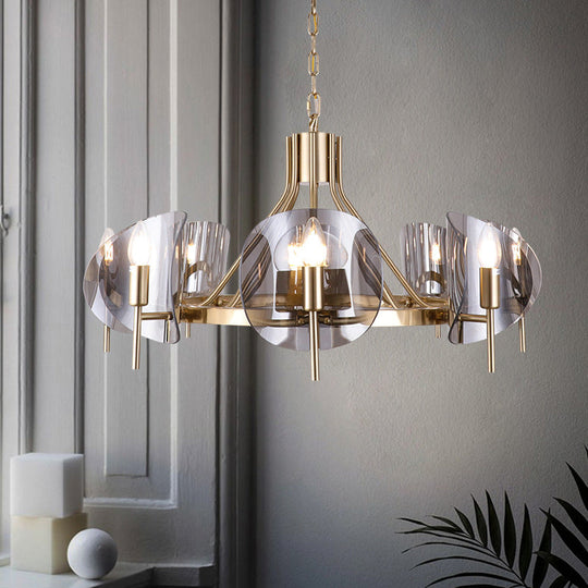 Mid-Century Curved Glass Chandelier Lamp - 6/8-Bulb Gold Hanging Light Fixture With Open Bulb Design