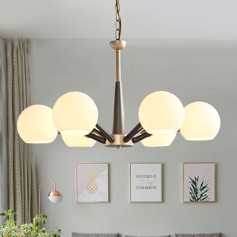 Retro Dome Shade Hanging Chandelier - White/Blue/Clear Glass 6 Light Lounge Pendant With Burst