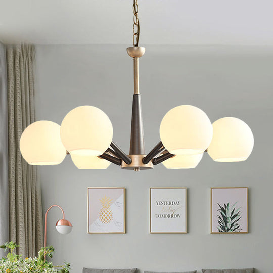 Retro Dome Shade Hanging Chandelier - White/Blue/Clear Glass 6 Light Lounge Pendant With Burst