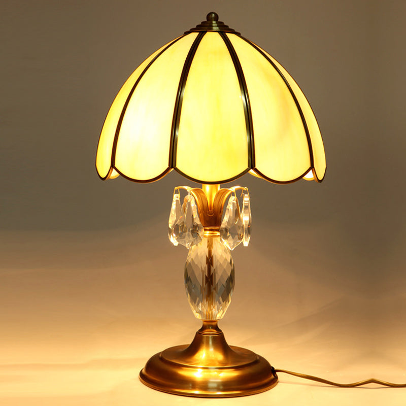 Light Beige Glass Table Lamp With Gold Dome Design And Crystal Accent - Bedroom Night Lighting