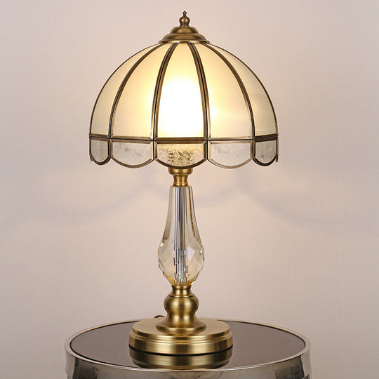 Vintage Gold Night Table Lamp With Scalloped Beige Shade And Crystal Accent / B