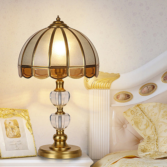 Vintage Gold Night Table Lamp With Scalloped Beige Shade And Crystal Accent / C