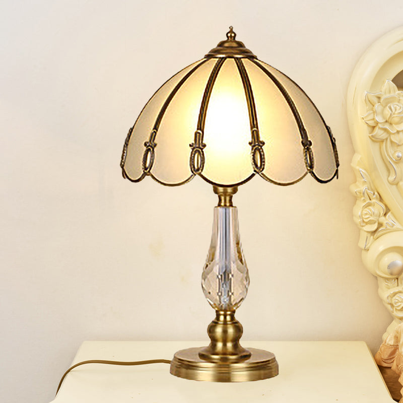 Vintage Gold Night Table Lamp With Scalloped Beige Shade And Crystal Accent / A
