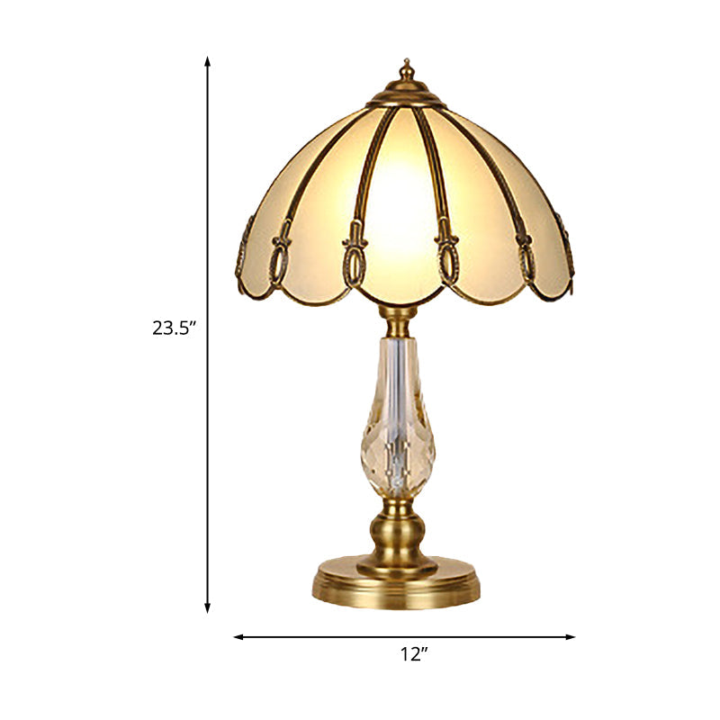 Vintage Gold Night Table Lamp With Scalloped Beige Shade And Crystal Accent