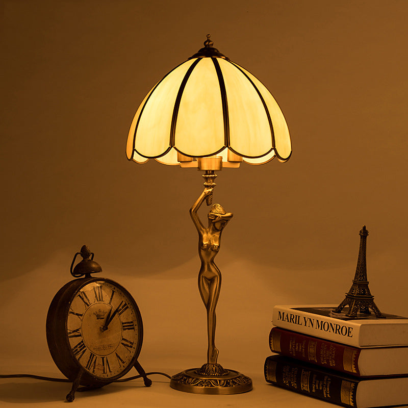 Colonial Beige Glass 2-Head Gold Table Lamp With Scalloped Design And Elegant Naked Woman Base