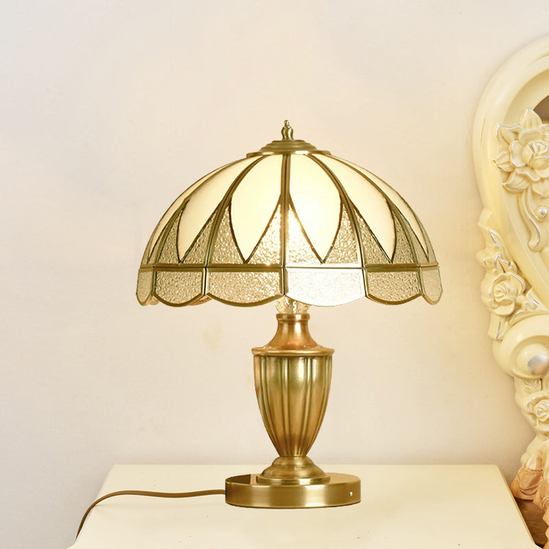 Gold Colonial Style Bedside Lamp With Beige Glass Dome - 12/16 Wide Nightstand Light