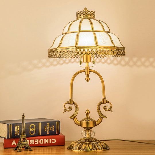 Traditional Gold 1/2-Light Dome Nightstand Lamp With White Glass And Peacock/Elliptical Frame Design