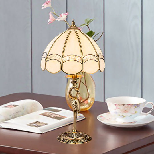 Traditional Gold 1/2-Light Dome Nightstand Lamp With White Glass And Peacock/Elliptical Frame Design