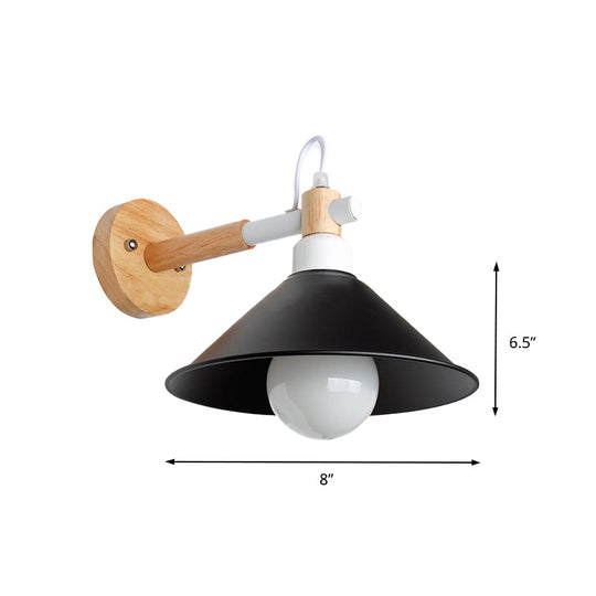 Nordic Style Conic Wall Sconce With Wooden Backplate And Black Metallic Finish