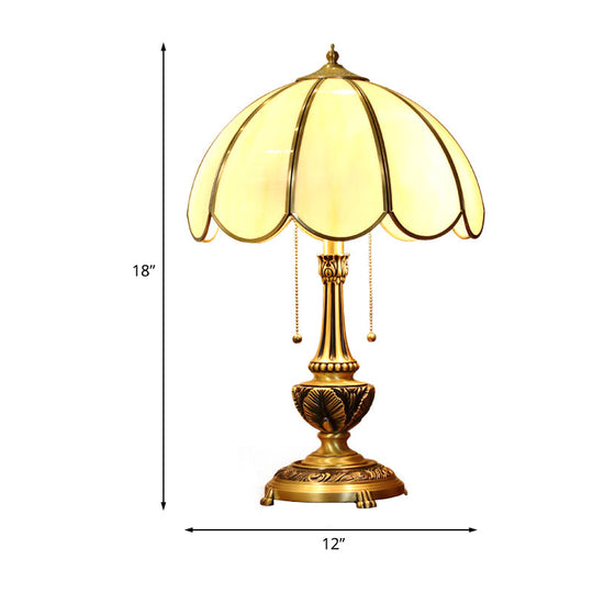 Colonialist Beige Glass 1-Bulb Nightstand Lamp - Gold Scalloped Metal Table Light With Pull Chain