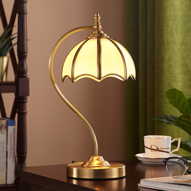 Opal Glass Gold Table Lamp - Scalloped Colonial Style Night Light With Curved Arm