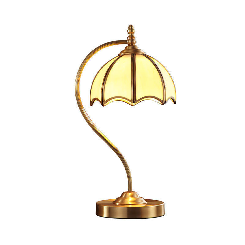Opal Glass Gold Table Lamp - Scalloped Colonial Style Night Light With Curved Arm