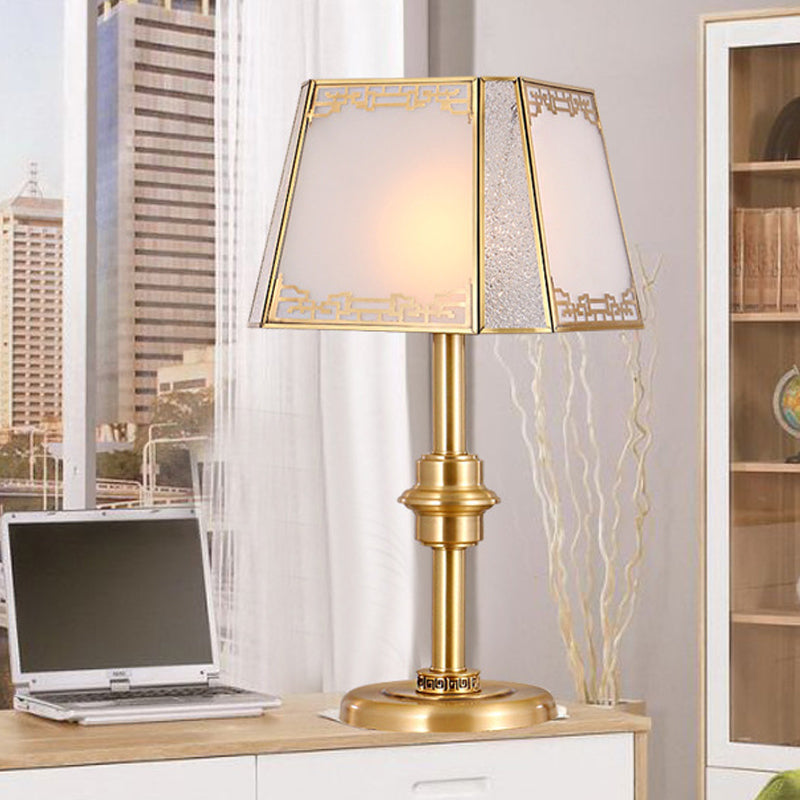 Gold Frosted Glass Trapezoid Table Lamp With Colonial 1-Head Bedside Night Light