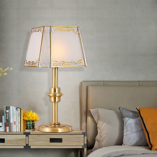 Gold Frosted Glass Trapezoid Table Lamp With Colonial 1-Head Bedside Night Light