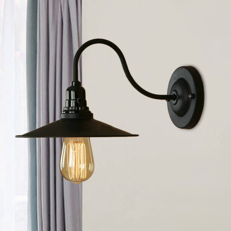 Vintage Style Metal Gooseneck Wall Sconce With Flared Shade - Black