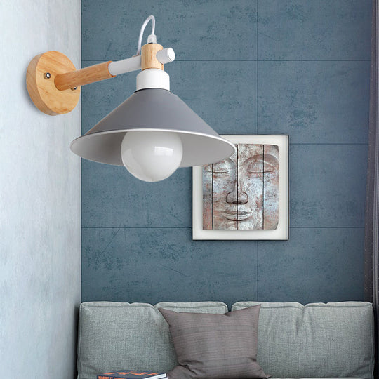 Nordic Cone Wall Lighting Fixture - Stylish 1-Head Metallic Sconce Lamp With Wooden Joint Black/Grey