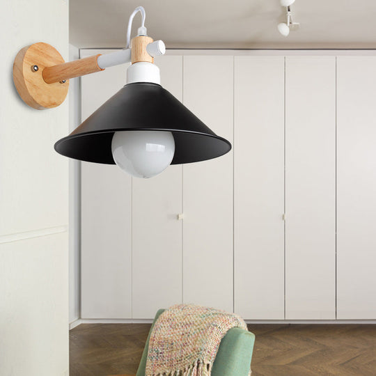 Nordic Cone Wall Lighting Fixture - Stylish 1-Head Metallic Sconce Lamp With Wooden Joint Black/Grey