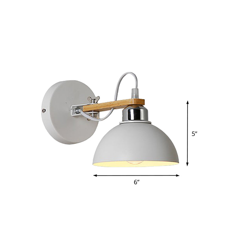 White Metallic And Wood Wall Sconce For Bedroom - Simple Style Bowl-Shaped Light Fixture.