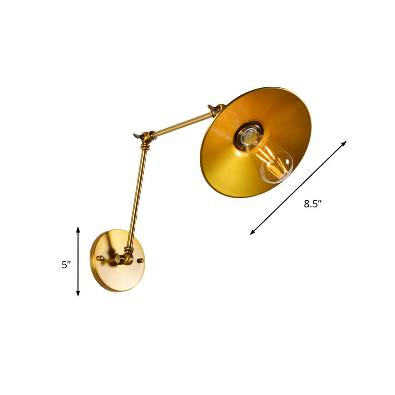 Brass Swing Arm Wall Lamp With Flared Shade - Industrial Style Metal Light