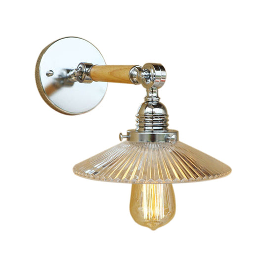 Clear Ribbed Glass Wall Sconce Light With Industrial Chrome Cone Wooden Arm - 1 8/4/6 Wide Living