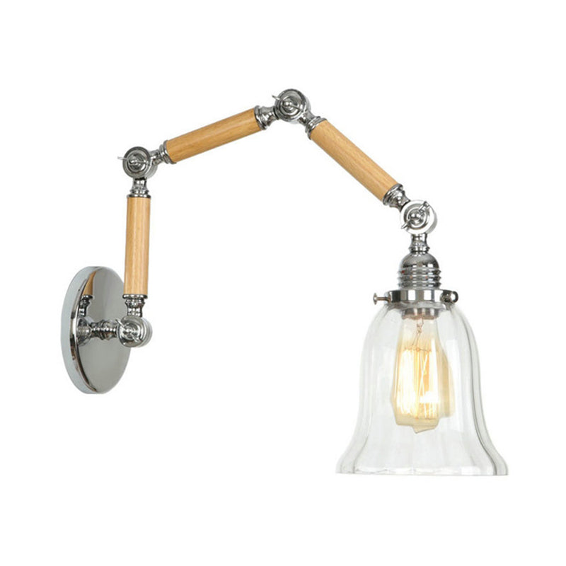 Vintage Clear Glass Wall Mounted Lamp - Flared Single Bulb Sconce Light With Extendable Wooden Arm