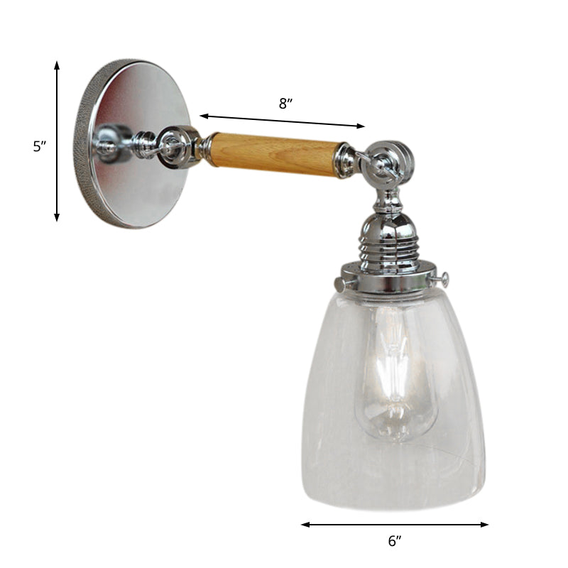 Dome Shade Clear Glass Wall Sconce: Industrial Living Room Light Fixture With Wooden Arm - Single