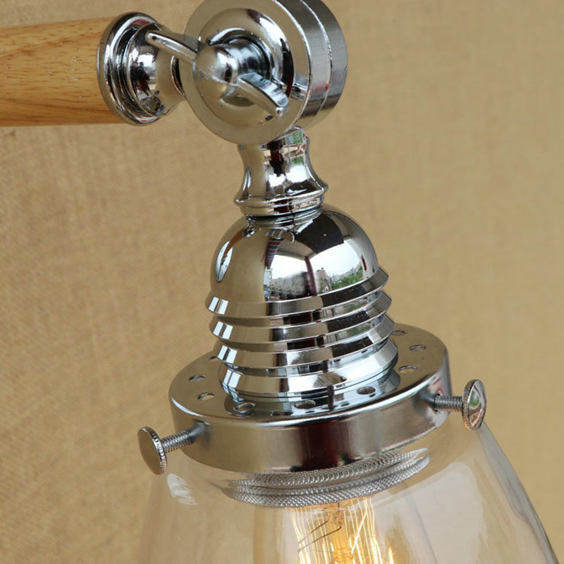 Dome Shade Clear Glass Wall Sconce: Industrial Living Room Light Fixture With Wooden Arm - Single