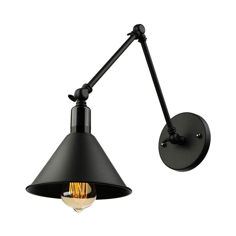 Swing Arm Wall Lamp With Conic Shade Metallic Loft Style Sconce Lighting In Black/White