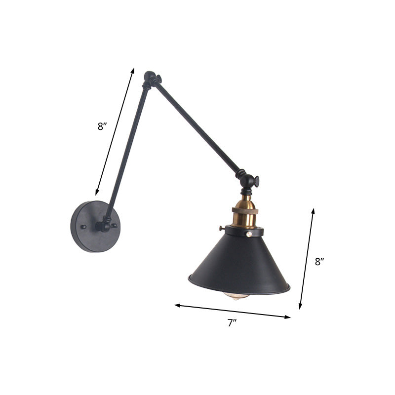Adjustable Wall Lamp With Metal Cone Shade - Retro Indoor Sconce Light In Black/White