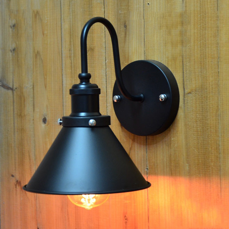 Vintage Gooseneck Wall Sconce With Cone Shade - 1 Light Corridor Fixture In Black